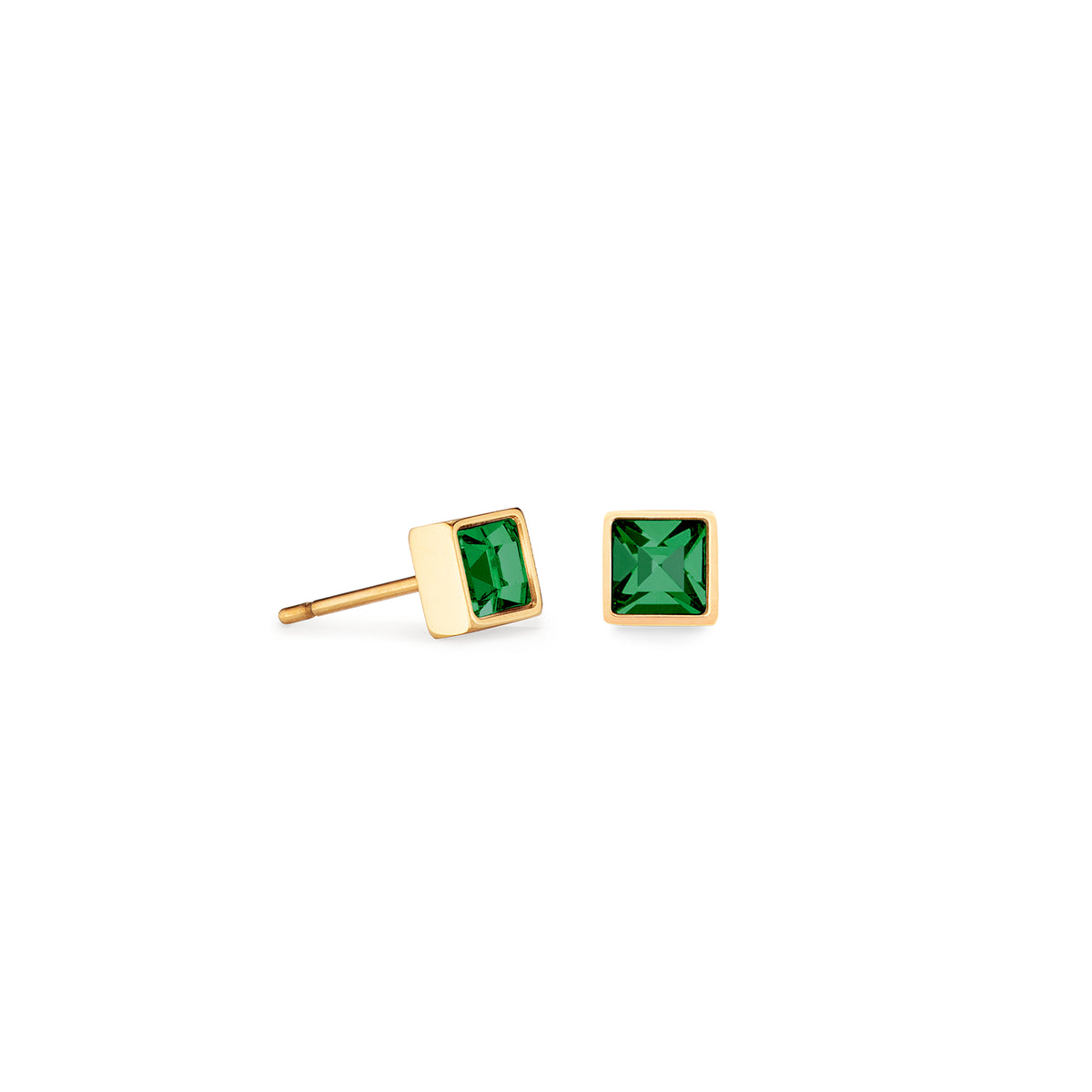 Coeur De Lion  Stainless Steel Gold Plated Dark Green Square Crystal Studs