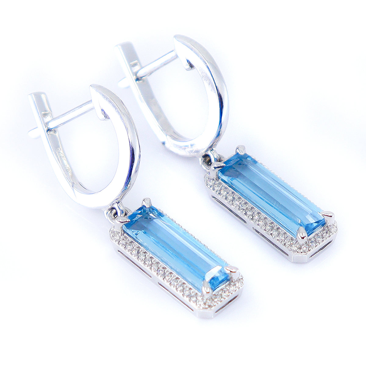 9ct White Gold Swiss Blue Topaz & Diamond Drop Earrings