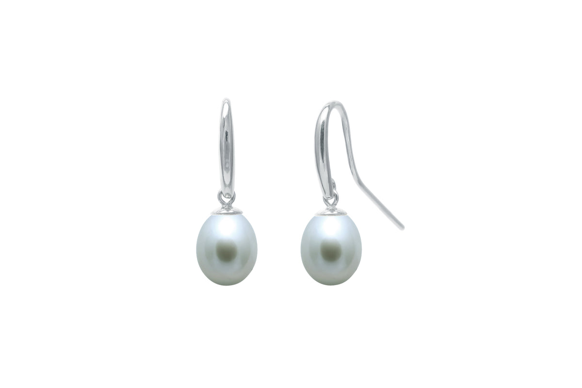 9ct White Gold Freshwater Grey 7.5mm-8mm Teardrop Pearl Drop Earrings