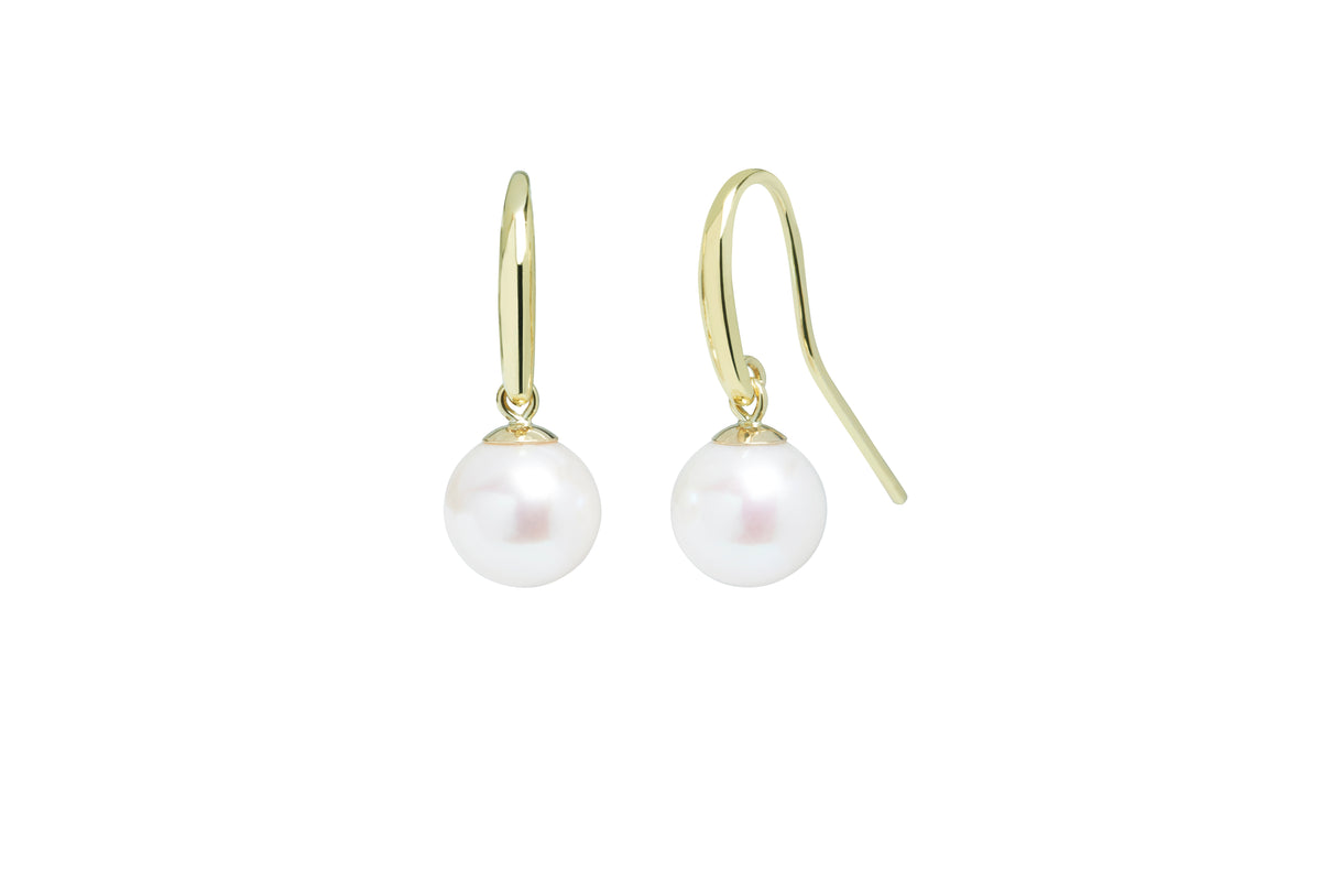 9ct Yellow Gold Freshwater White 8-85mm Round Pearl Drop Earrings