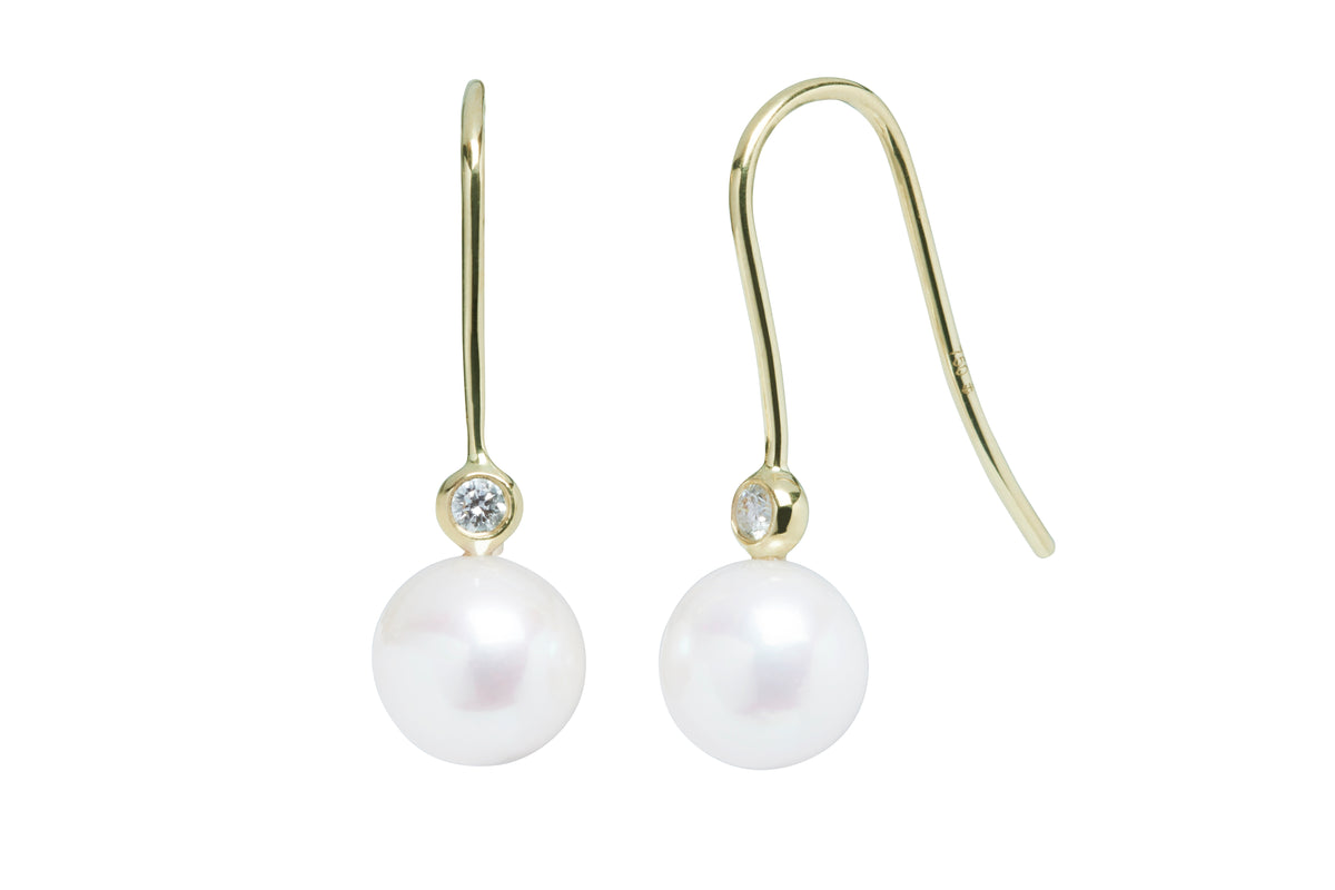 9ct Yellow Gold Freshwater White 8-8.5mm Pearl & Diamond Drop Earrings