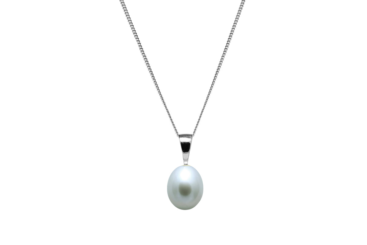 9ct White Gold Freshwater 7.5-8mm Grey Teardrop Pearl Pendant & Chain