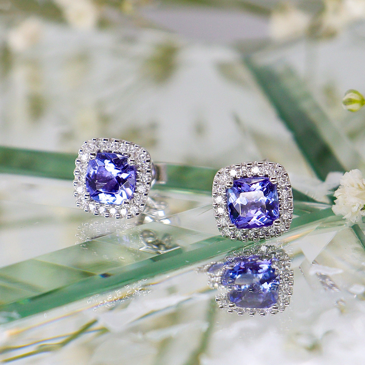 9ct White Gold Cushion Tanzanite & Diamond Stud Earrings