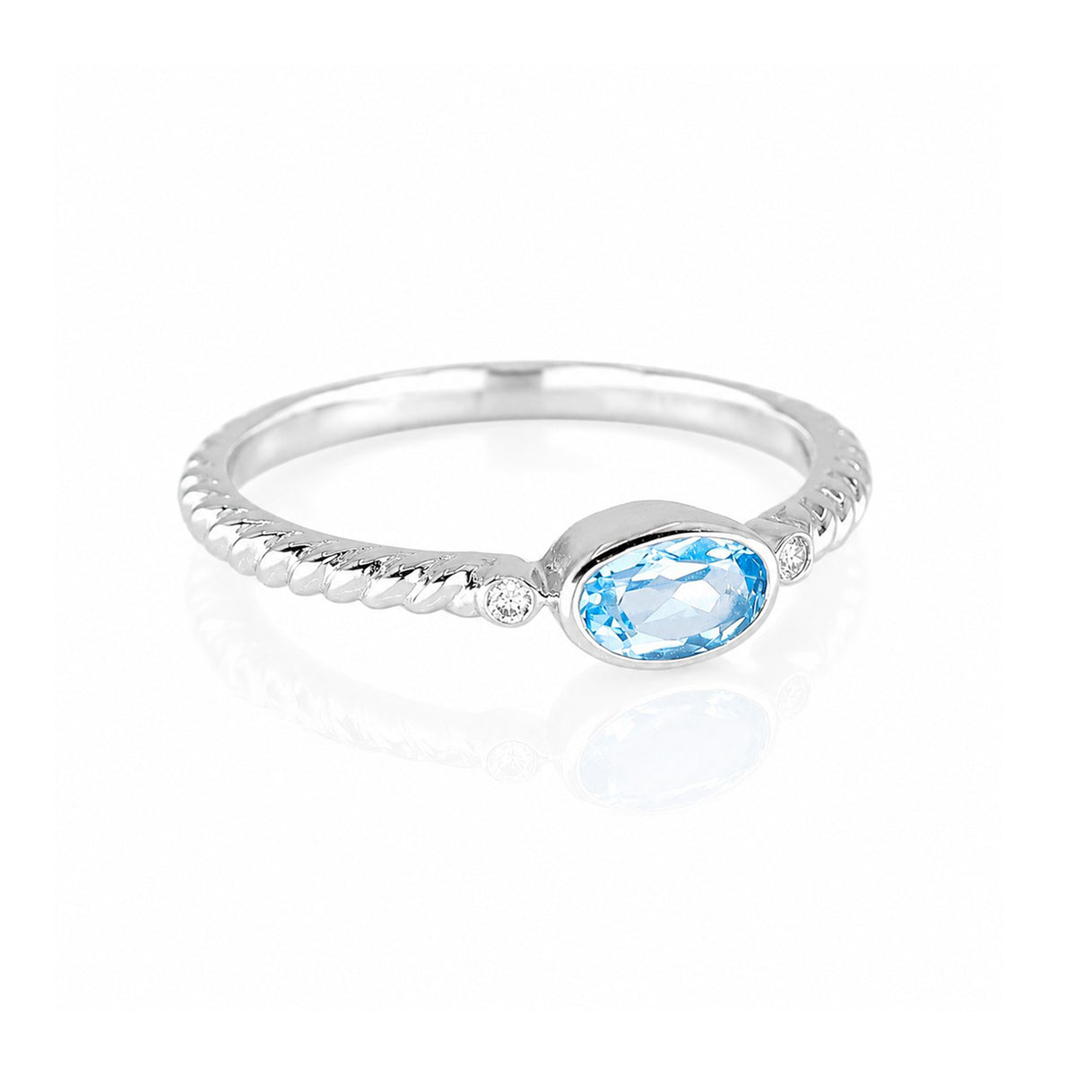 9ct White Gold Rub Set Oval Blue Topaz & Diamond Rope Shoulder Ring