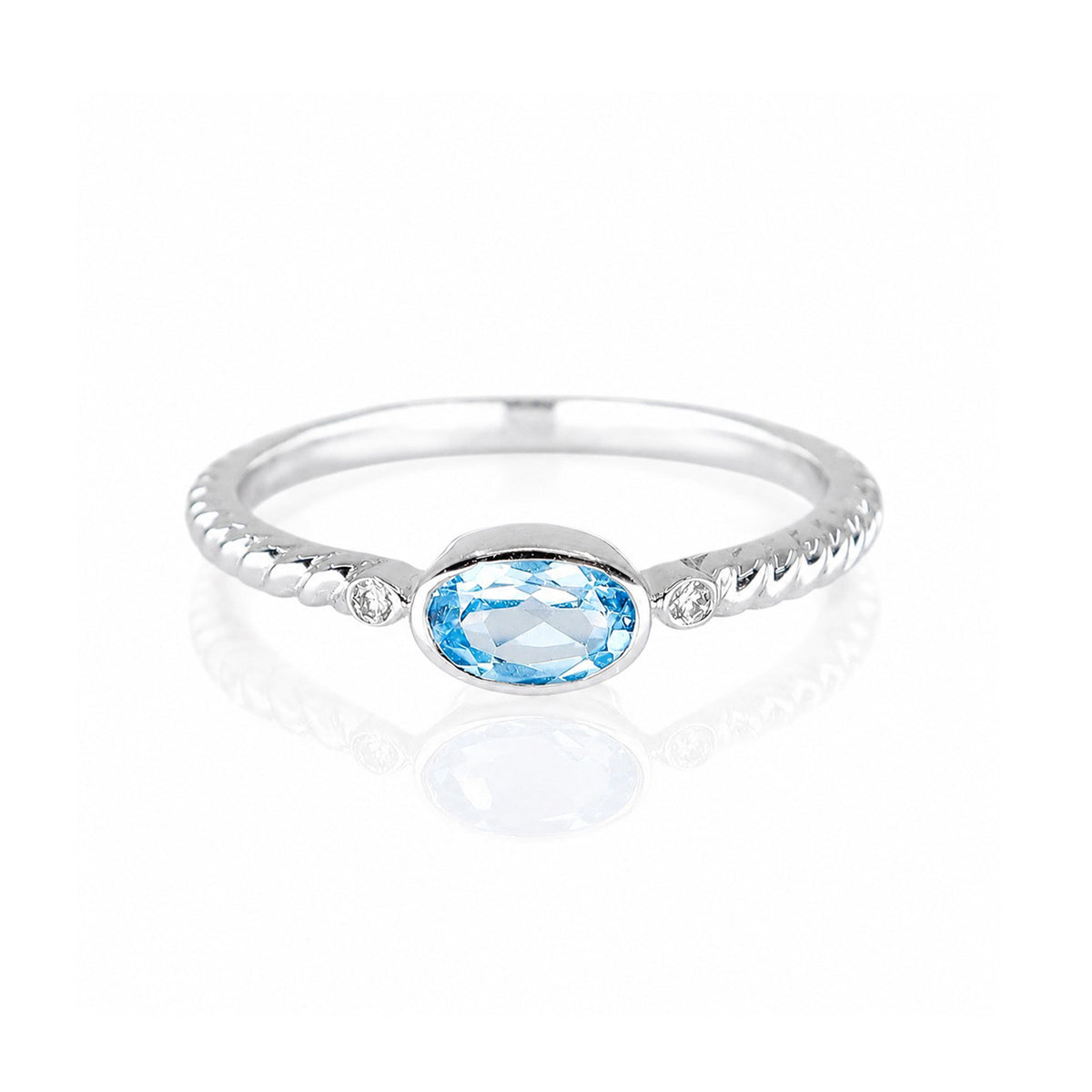 9ct White Gold Rub Set Oval Blue Topaz & Diamond Rope Shoulder Ring