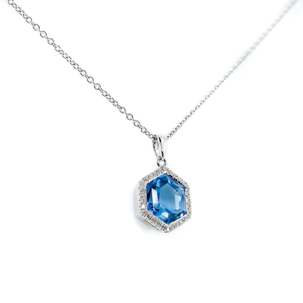 9ct White Gold 2.06ct Hexagon Swiss Blue Topaz & 0.09ct Diamond Pendant with 18" Chain