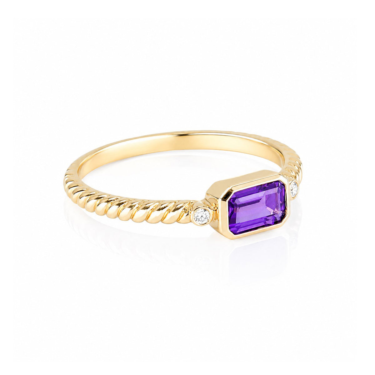 9ct Yellow Gold Rectangle Amethyst (0.53ct) & Diamond (0.03ct) Rub Set 3 Stone Ring