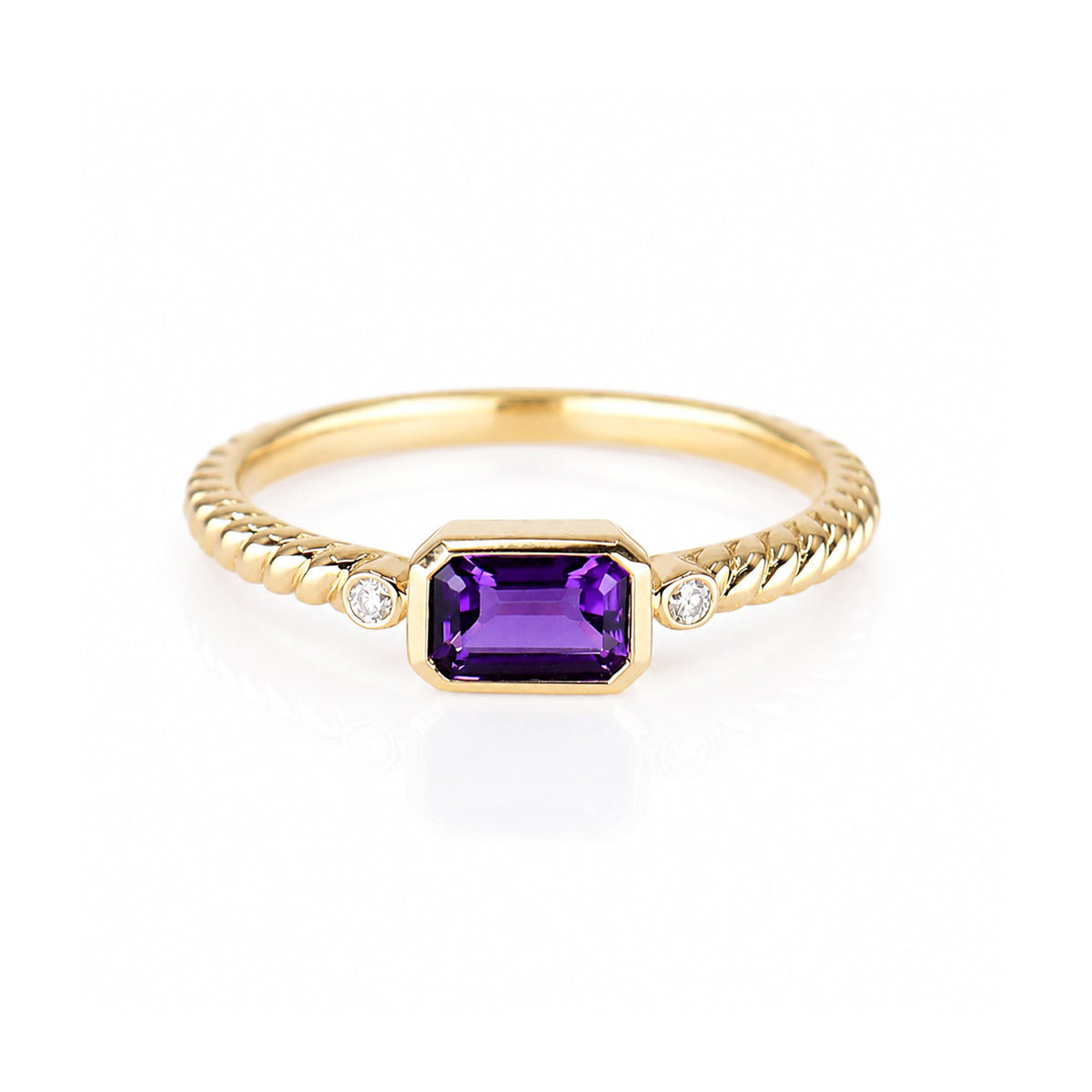 9ct Yellow Gold Rectangle Amethyst (0.53ct) & Diamond (0.03ct) Rub Set 3 Stone Ring