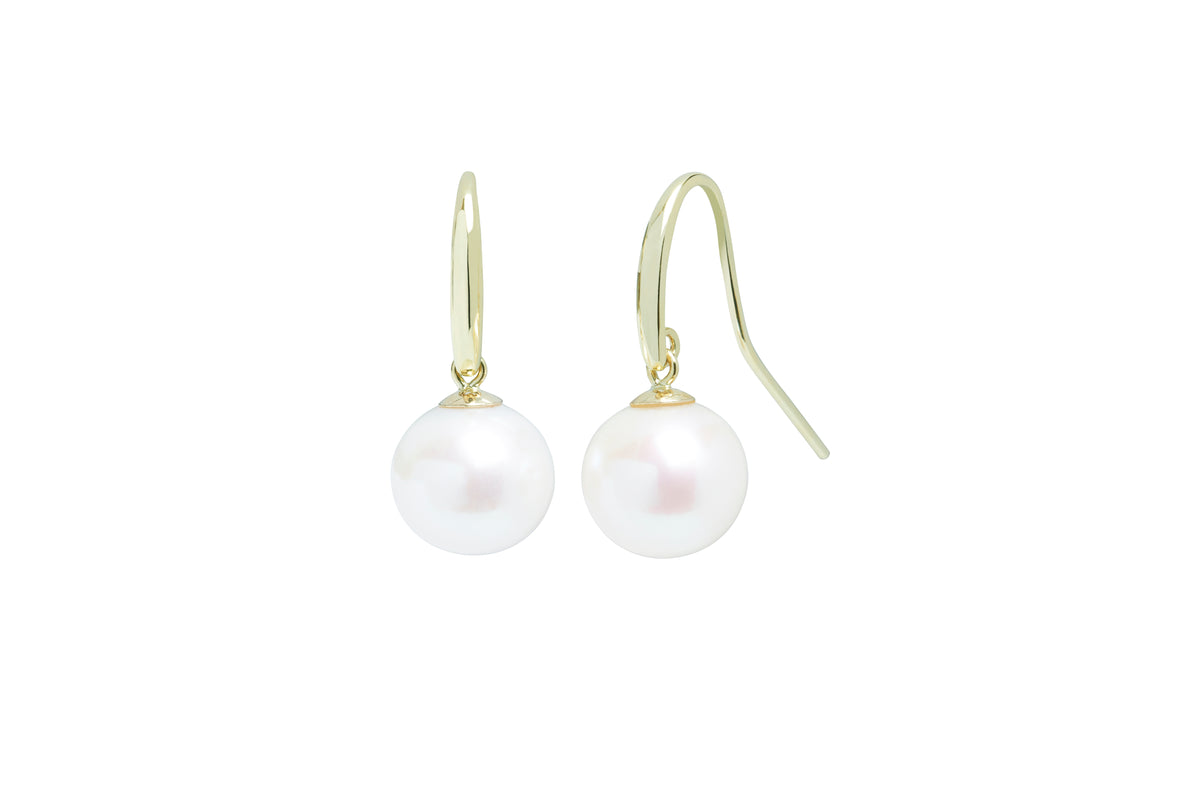 9ct Yellow Gold Freshwater White 10mm Round Pearl Drop Earrings