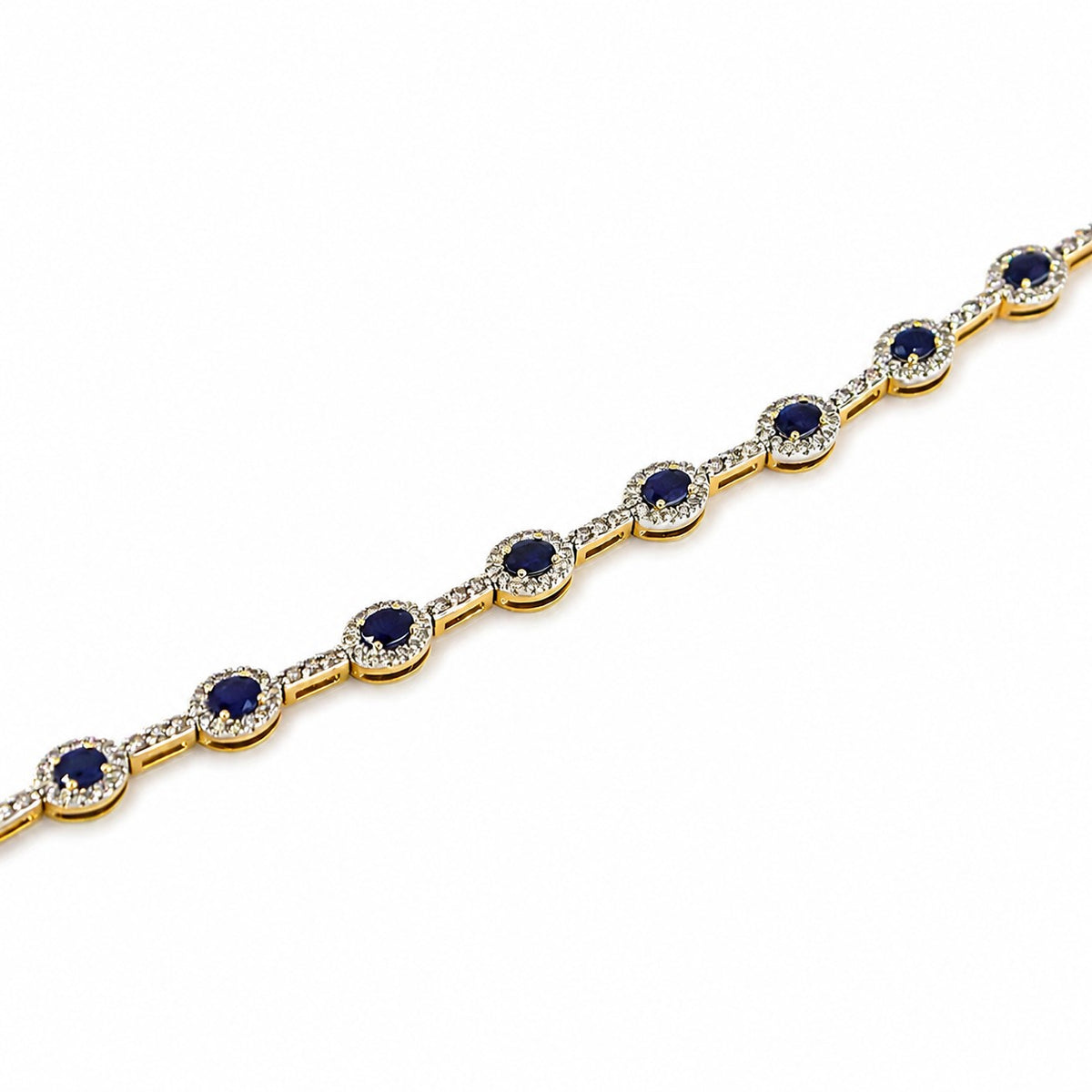 9ct Yellow Gold Oval Ap. 3.00ct Sapphire & 1.50ct Diamond Claw Set Cluster Link Bracelet - 7.3''