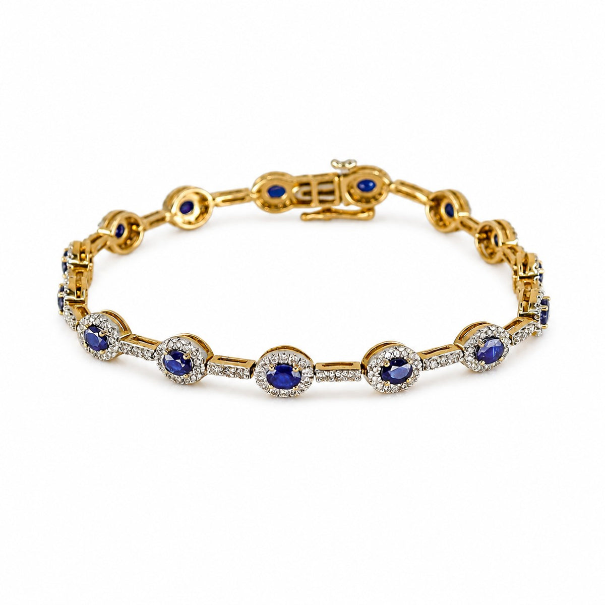 9ct Yellow Gold Oval Ap. 3.00ct Sapphire & 1.50ct Diamond Claw Set Cluster Link Bracelet - 7.3''