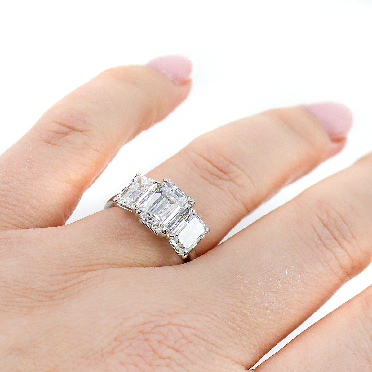 Platinum 5.31ct Lab Grown Certificated Emerald Cut Diamond Trilogy Ring