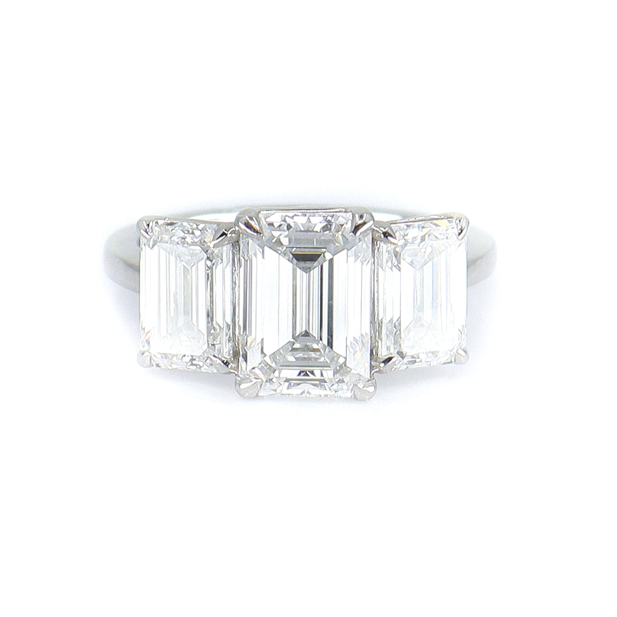 Platinum 5.31ct Lab Grown Certificated Emerald Cut Diamond Trilogy Ring