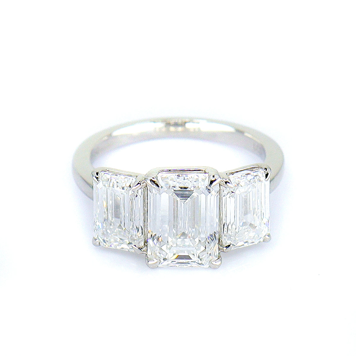 Platinum 5.31ct Lab Grown Certificated Emerald Cut Diamond Trilogy Ring