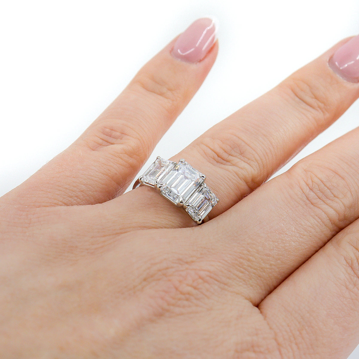 Platinum 5.31ct Lab Grown Certificated Emerald Cut Diamond Trilogy Ring
