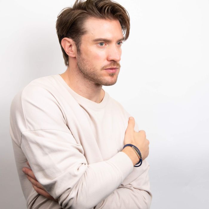 Fred Bennett Stainless Steel Double Wrap Blue and Black Leather Bracelet