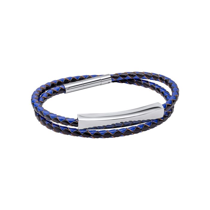 Fred Bennett Stainless Steel Double Wrap Blue and Black Leather Bracelet