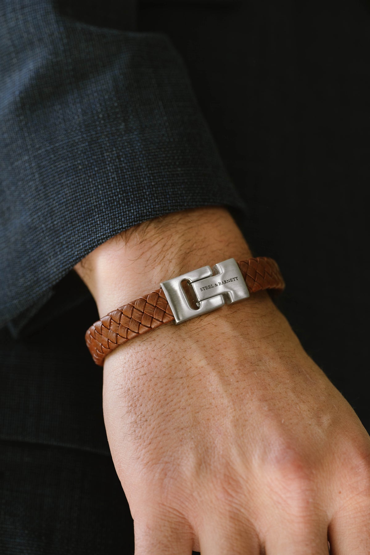 Steel & Barnett Harrison Woven Brown Leather & Stainless Steel Bracelet - Small (18-19cm)