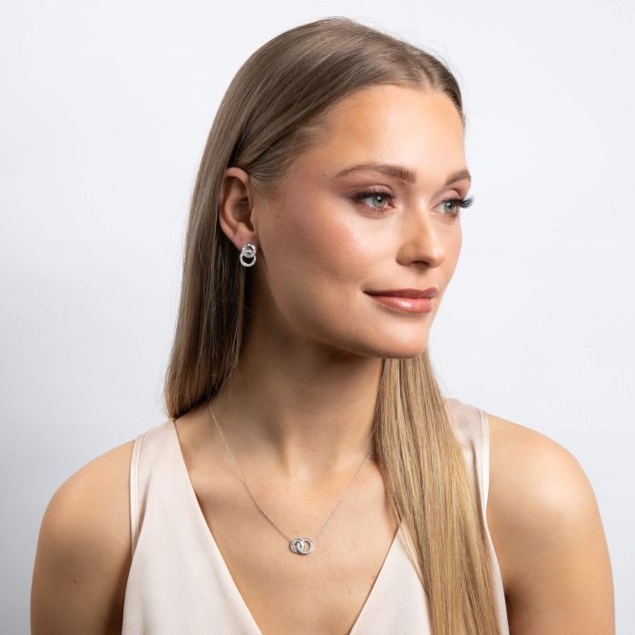 DIAMONFIRE Sterling Silver Cubic Zirconia Linked Double Circle Earrings