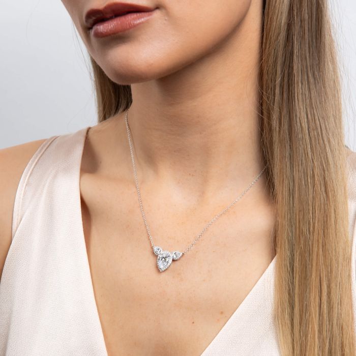 DIAMONFIRE Silver Cubic Zirconia Statement Triple Teardrop Halo Necklace Set on a 16-18" Chain