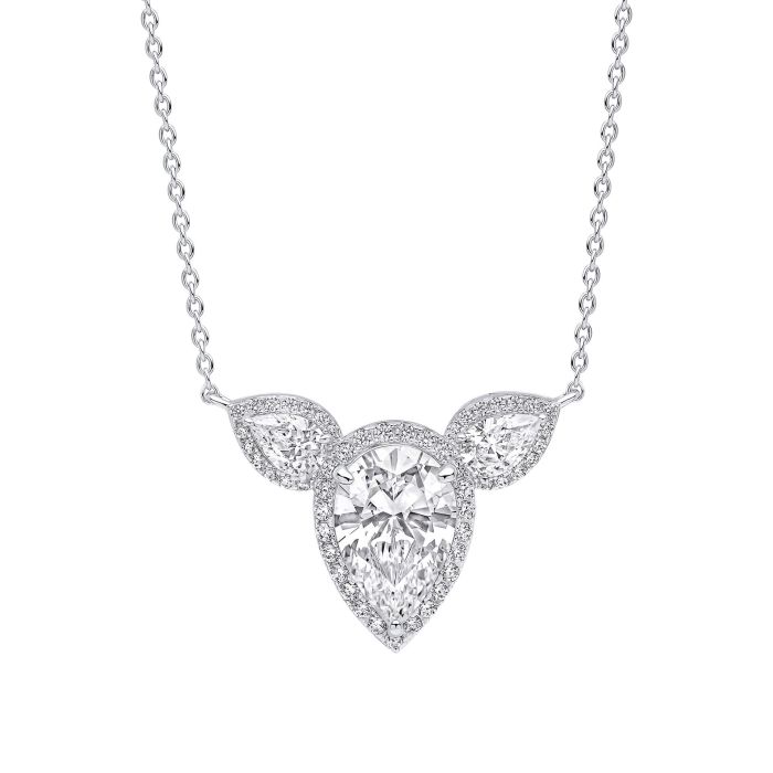 DIAMONFIRE Silver Cubic Zirconia Statement Triple Teardrop Halo Necklace Set on a 16-18" Chain