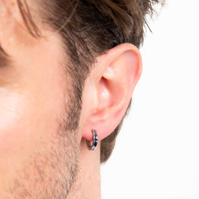 Fred Bennett Stainless Steel Blue PVD Stripe Hinged Hoop Earrings