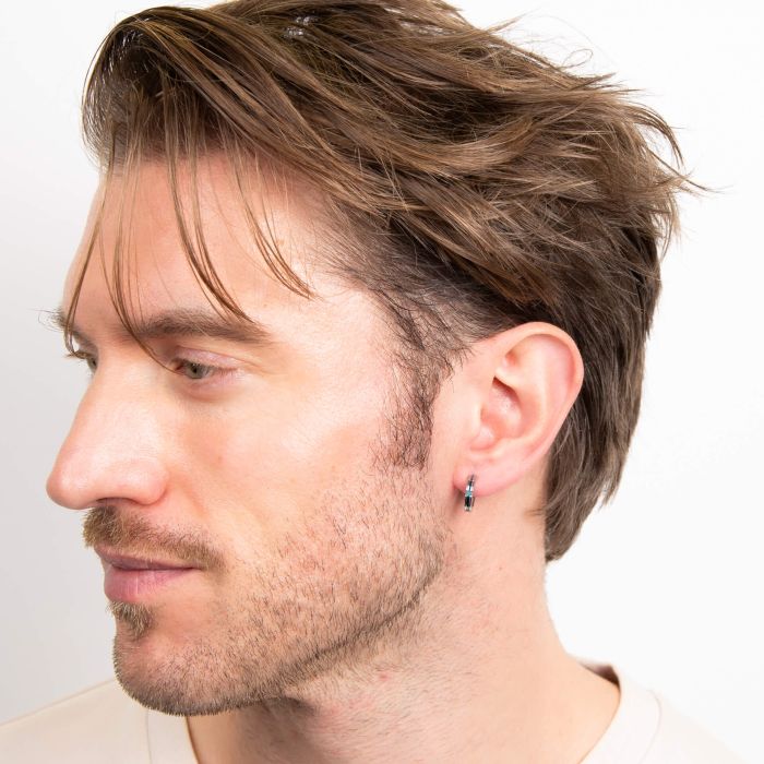 Fred Bennett Stainless Steel Blue PVD Stripe Hinged Hoop Earrings