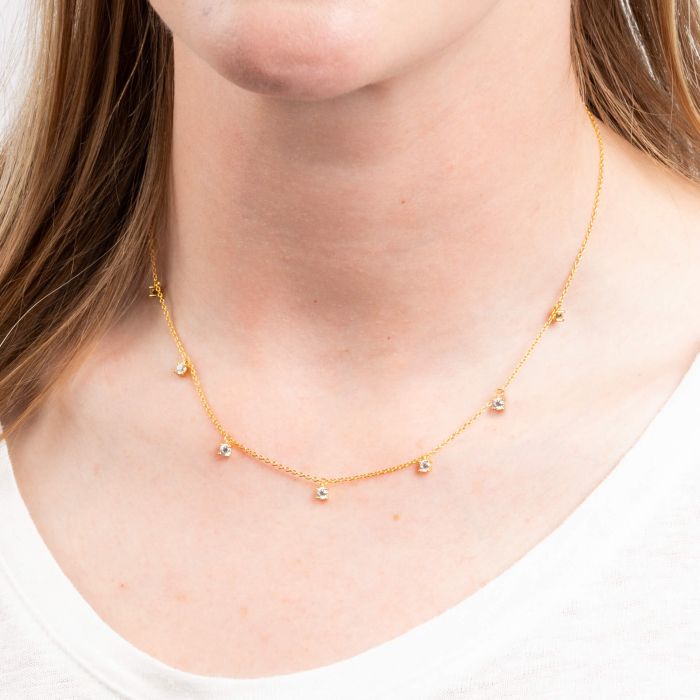 DIAMONFIRE Sterling Silver Yellow Gold Plated Claw Set x7 Cubic Zirconia Charm Necklet