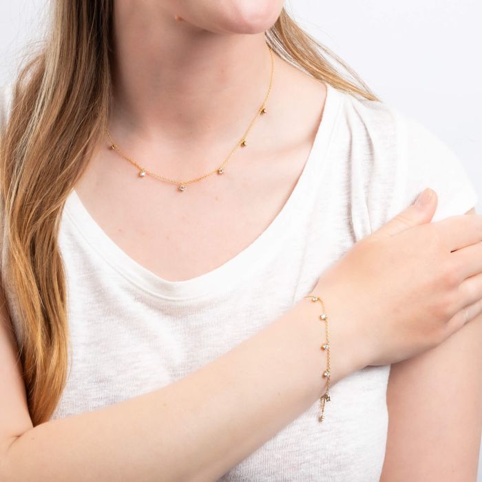 DIAMONFIRE Sterling Silver Yellow Gold Plated Claw Set x7 Cubic Zirconia Charm Necklet