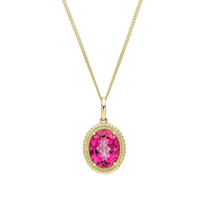 9ct Yellow Gold & Pink Topaz Oval Pendant - 16-18"