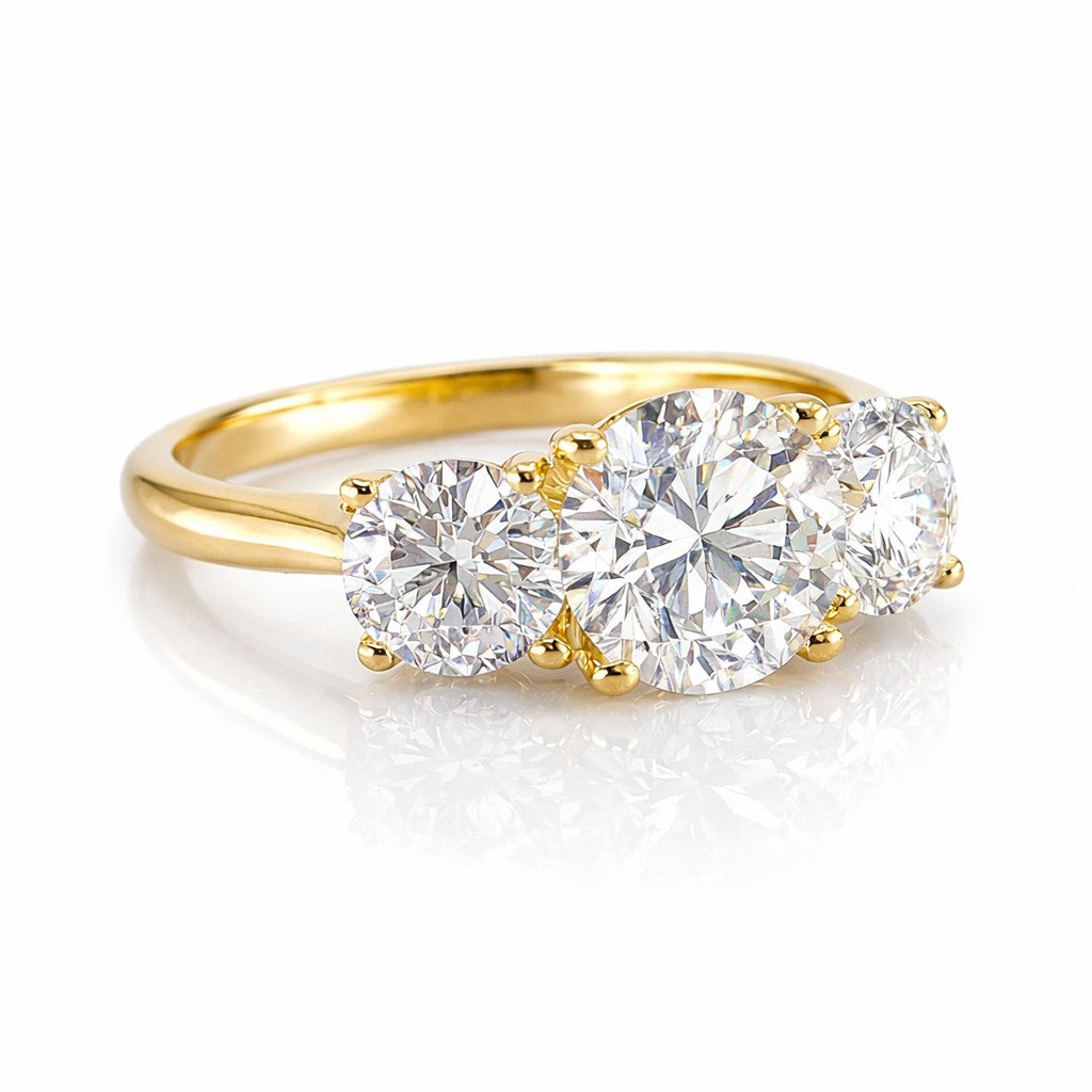 18ct Yellow Gold 2.25ct TDW Lab Grown Diamond Round Brilliant Cut Three Stone Ring With Report Card