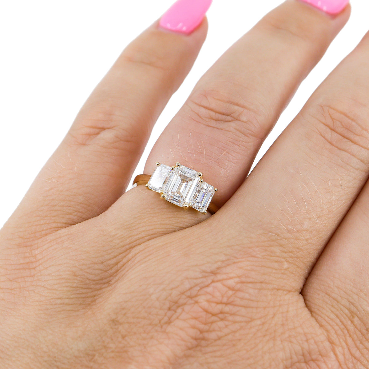 18ct Yellow Gold 2.50ct Lab Grown Diamond Emerald Cut Trilogy Ring With Report Card