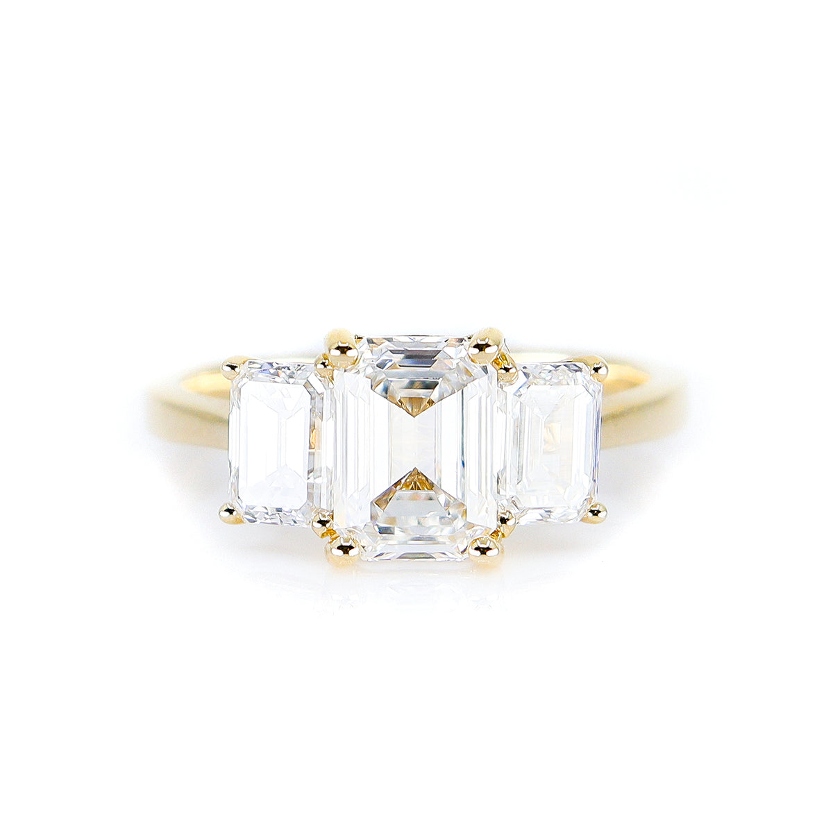 18ct Yellow Gold 2.50ct Lab Grown Diamond Emerald Cut Trilogy Ring With Report Card