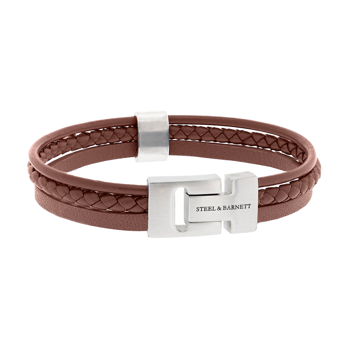 Steel & Barnett Casual Cole Peanut Leather & Stainless Steel Three Row Bracelet - Large (22-23cm)