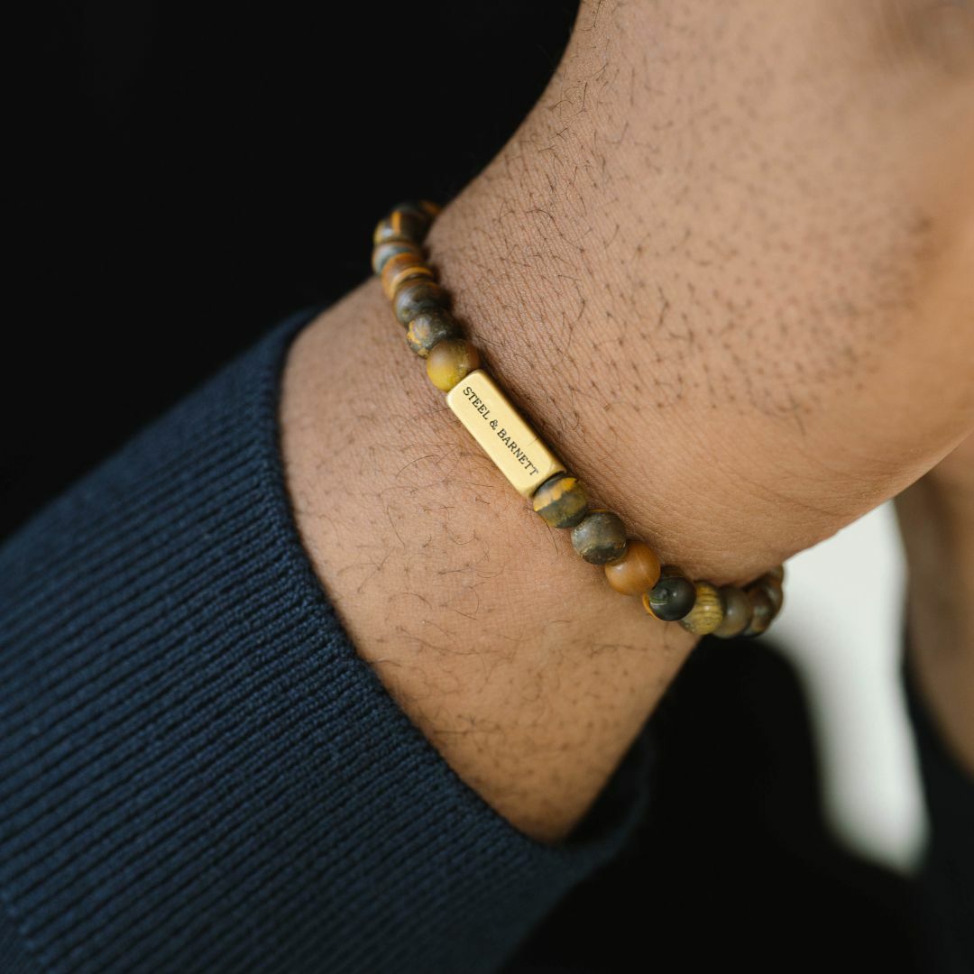 Steel & Barnett Natural Ned 6mm Tiger Eye Bead & 18ct Gold PVD Plated Bracelet - Small