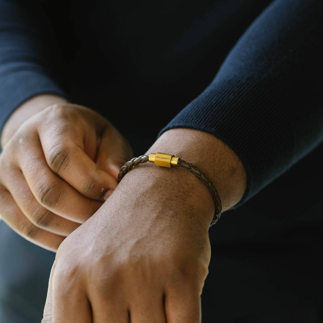 Steel & Barnett Luke Landon Brown Leather & 18ct Gold PVD Plated Bracelet -  Small