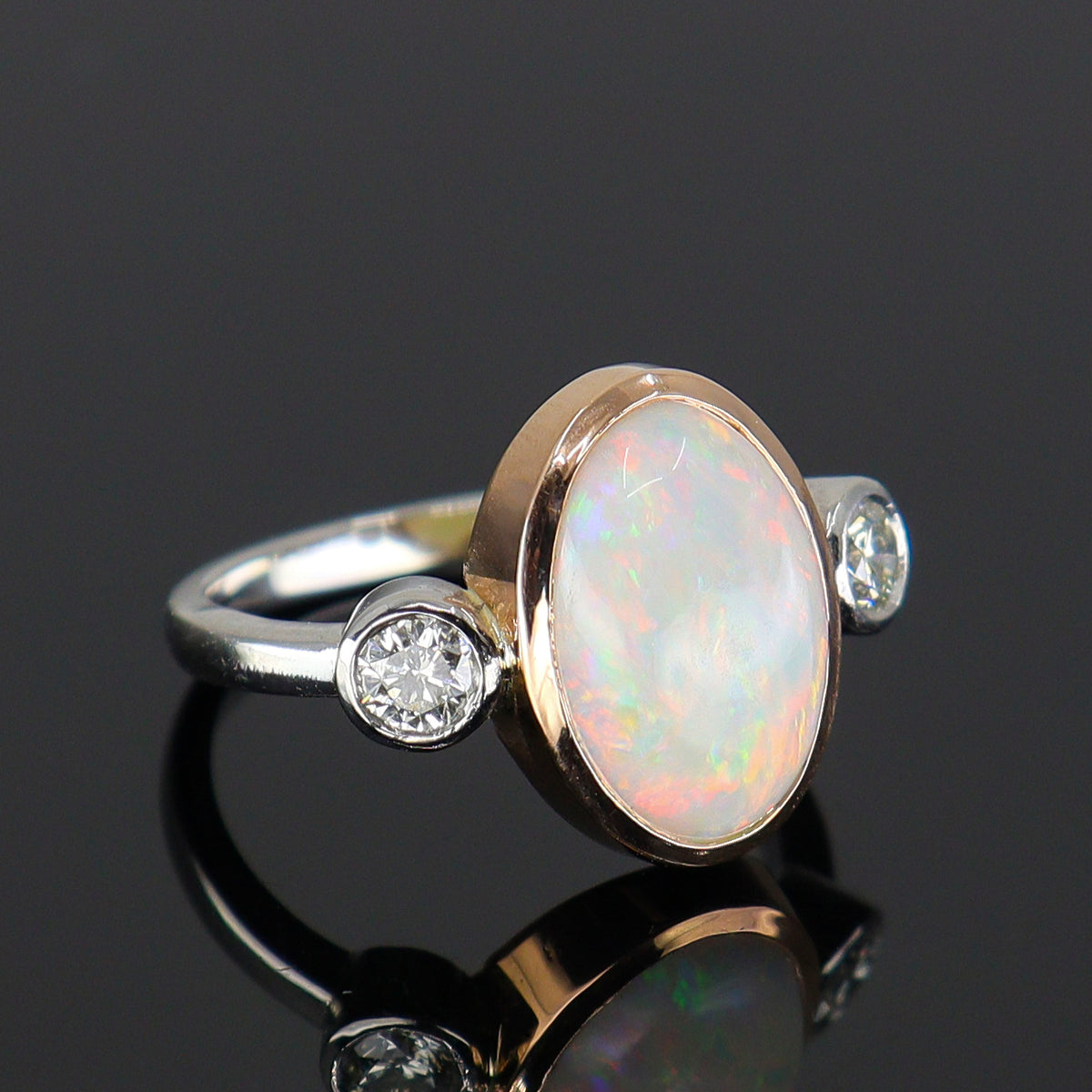 Pre-Owned Platinum & 18ct Rose Gold Oval Opal & Round Brilliant Cut Diamond Three Stone Ring