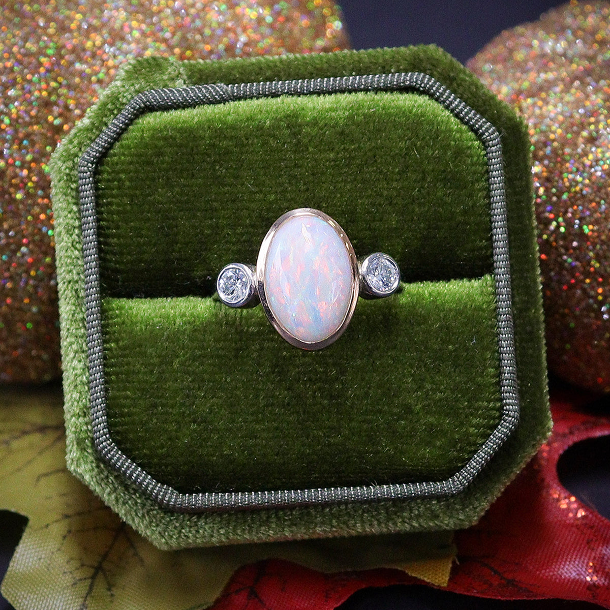 Pre-Owned Platinum & 18ct Rose Gold Oval Opal & Round Brilliant Cut Diamond Three Stone Ring