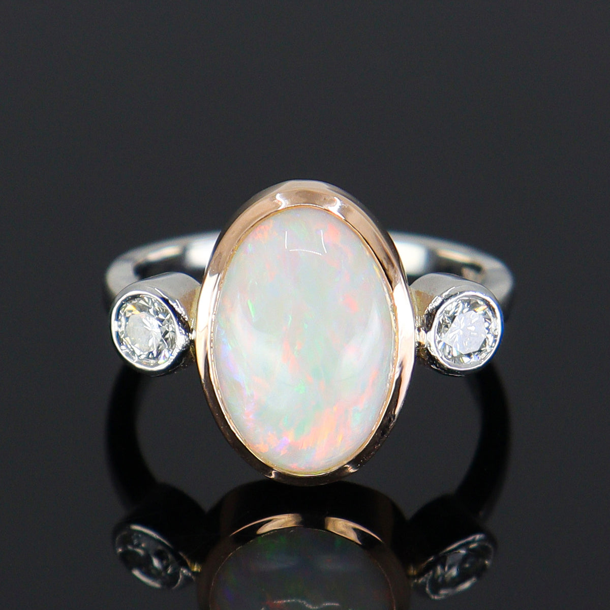 Pre-Owned Platinum & 18ct Rose Gold Oval Opal & Round Brilliant Cut Diamond Three Stone Ring