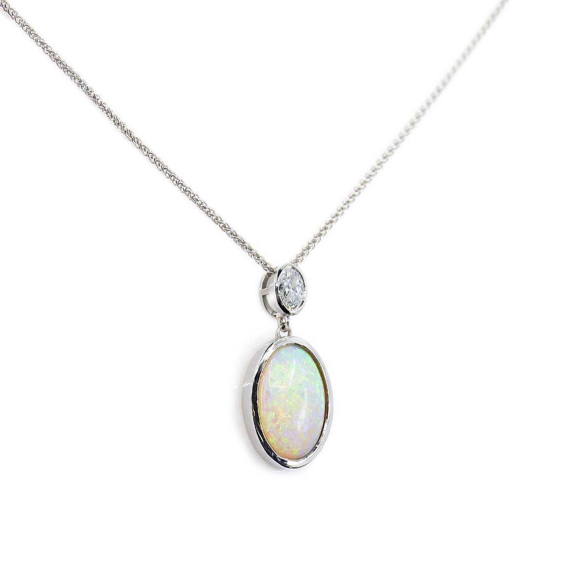 Pre-Owned 18ct White Gold Opal & Diamond Rub Set Pendant & Chain