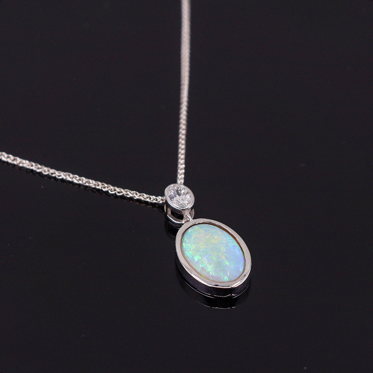Pre-Owned 18ct White Gold Opal & Diamond Rub Set Pendant & Chain