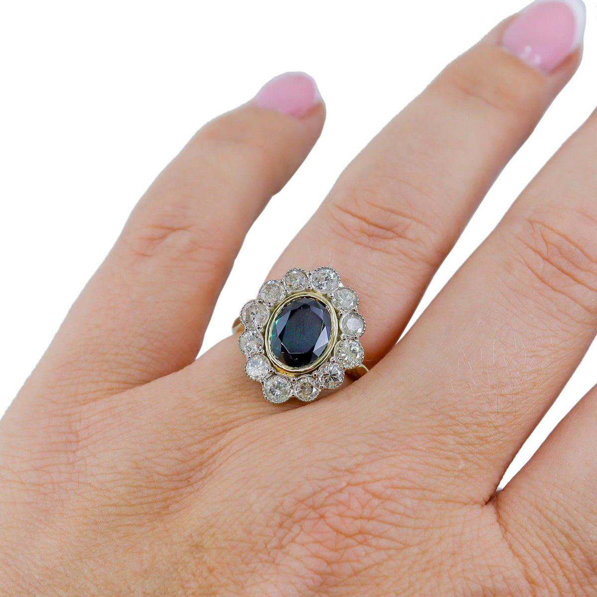 Pre-Owned 18ct Gold Teal Sapphire & Diamond Cluster Ring