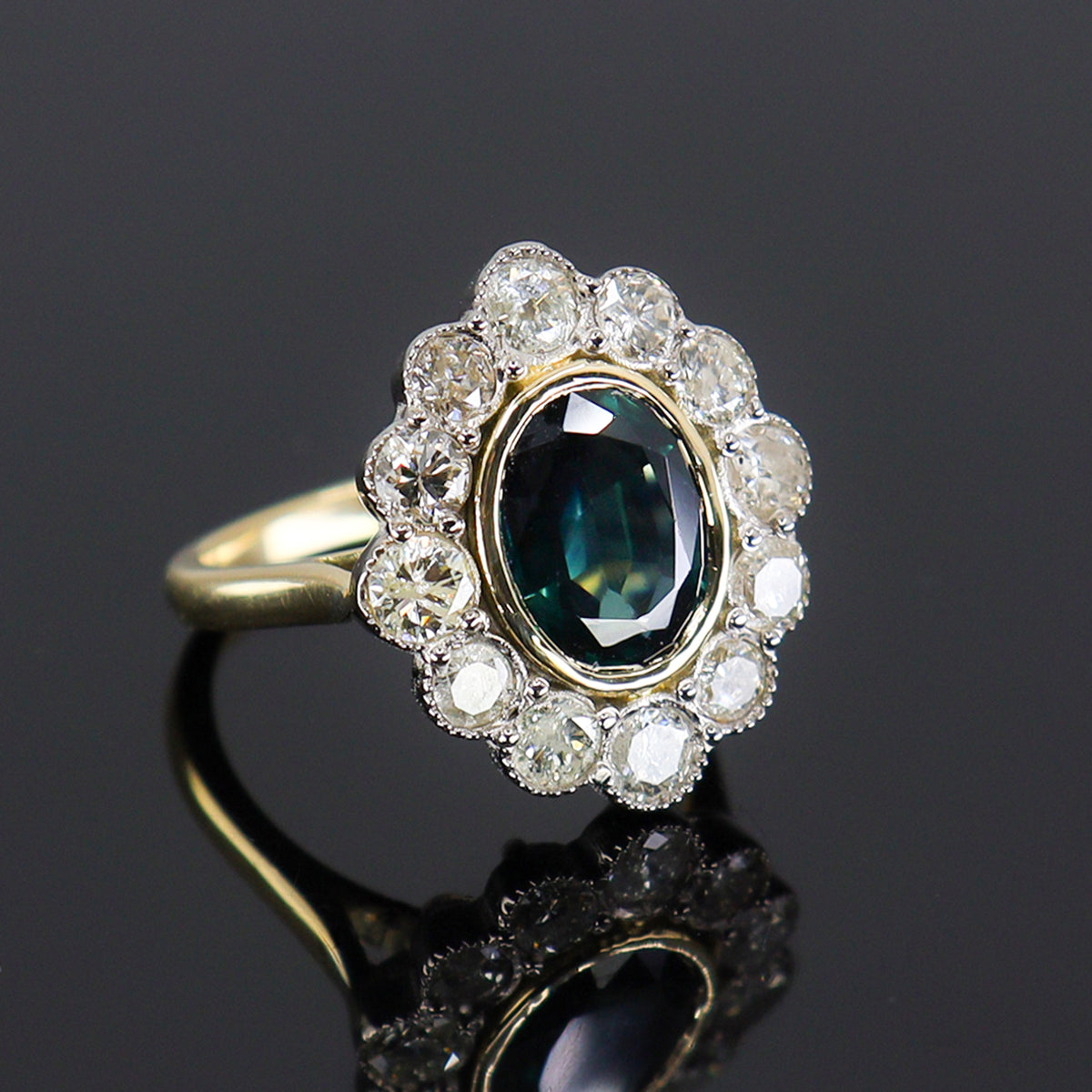 Pre-Owned 18ct Gold Teal Sapphire & Diamond Cluster Ring