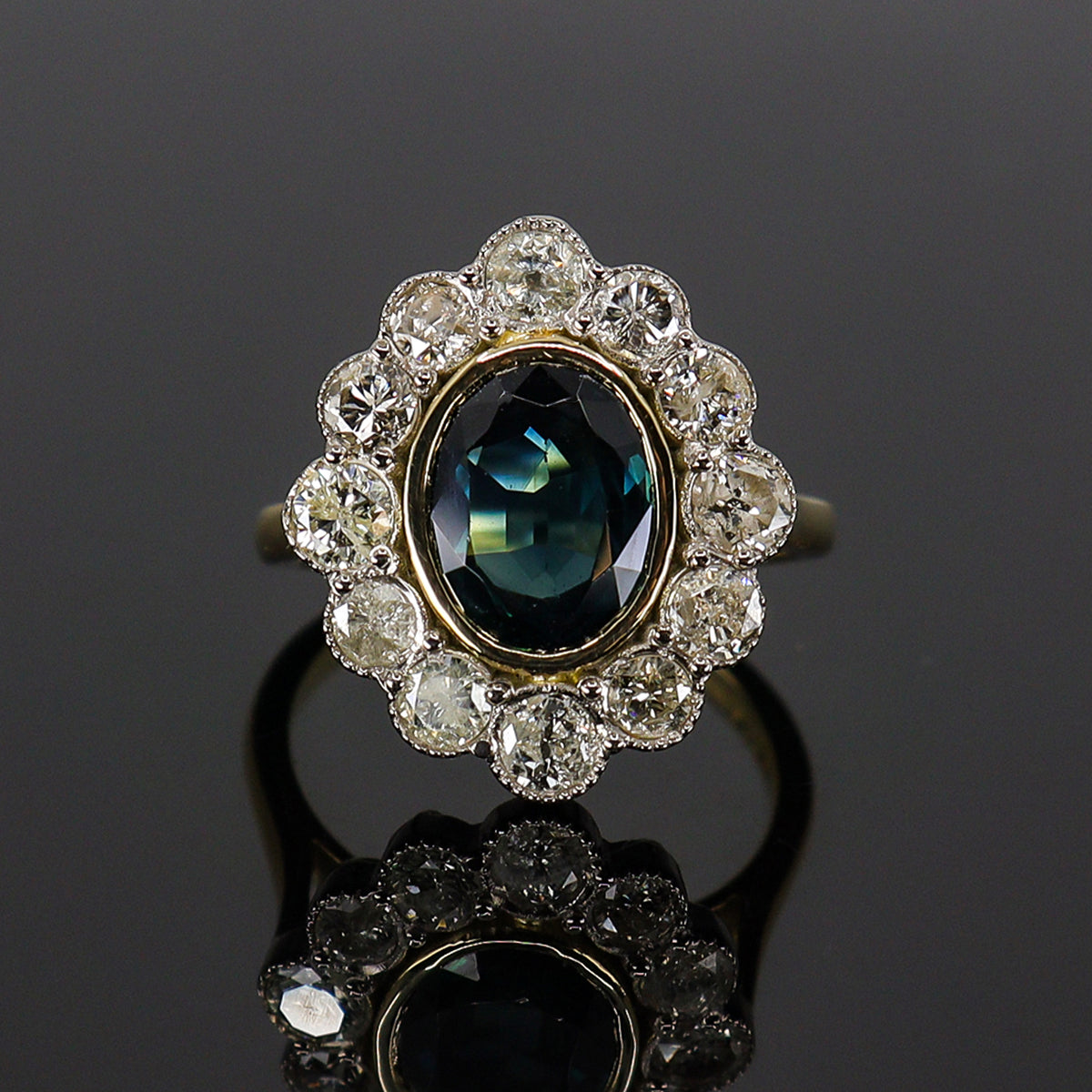 Pre-Owned 18ct Gold Teal Sapphire & Diamond Cluster Ring