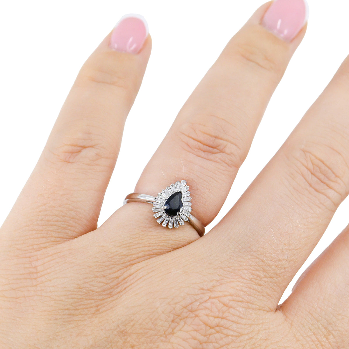 18ct White Gold Pear Shaped Sapphire & Tapered Diamond Baguette Fancy Cluster Ring