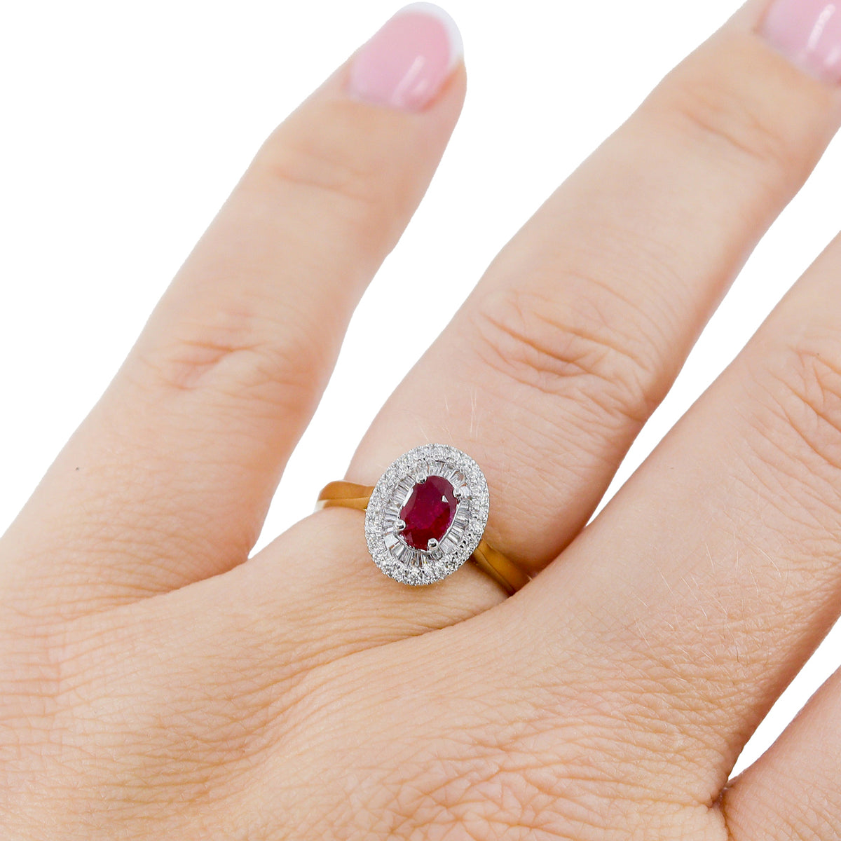 18ct Gold Oval Ruby & Diamond Tapered Baguette & Round Brilliant Double Halo Cluster Ring