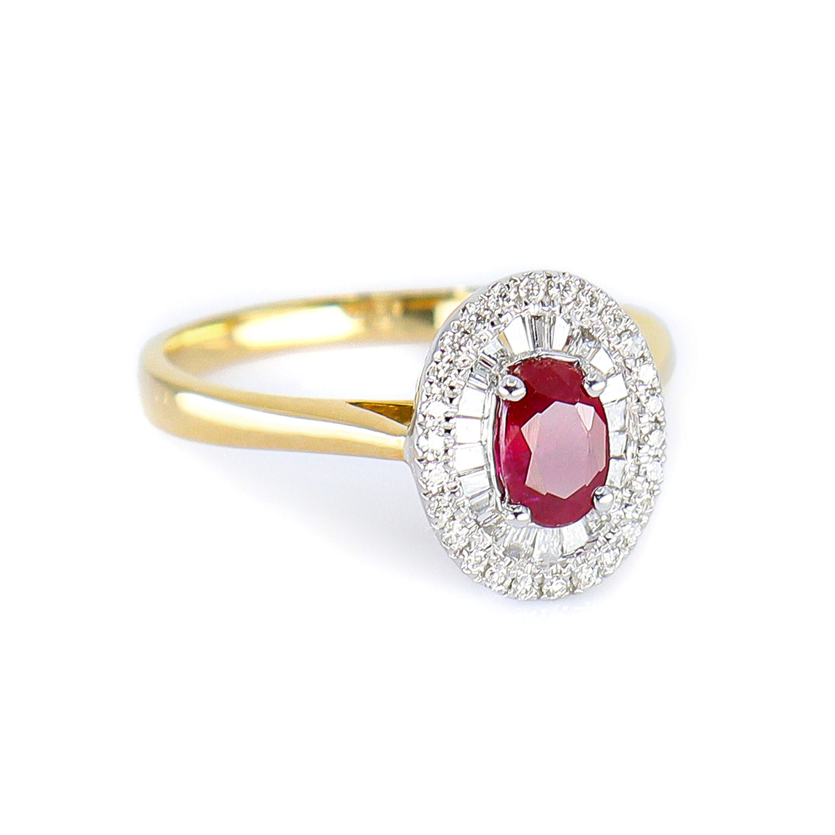 18ct Gold Oval Ruby & Diamond Tapered Baguette & Round Brilliant Double Halo Cluster Ring