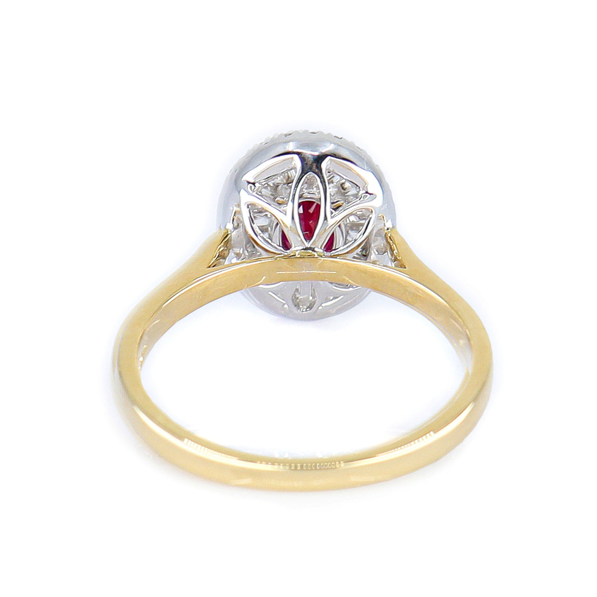18ct Gold Oval Ruby & Diamond Tapered Baguette & Round Brilliant Double Halo Cluster Ring