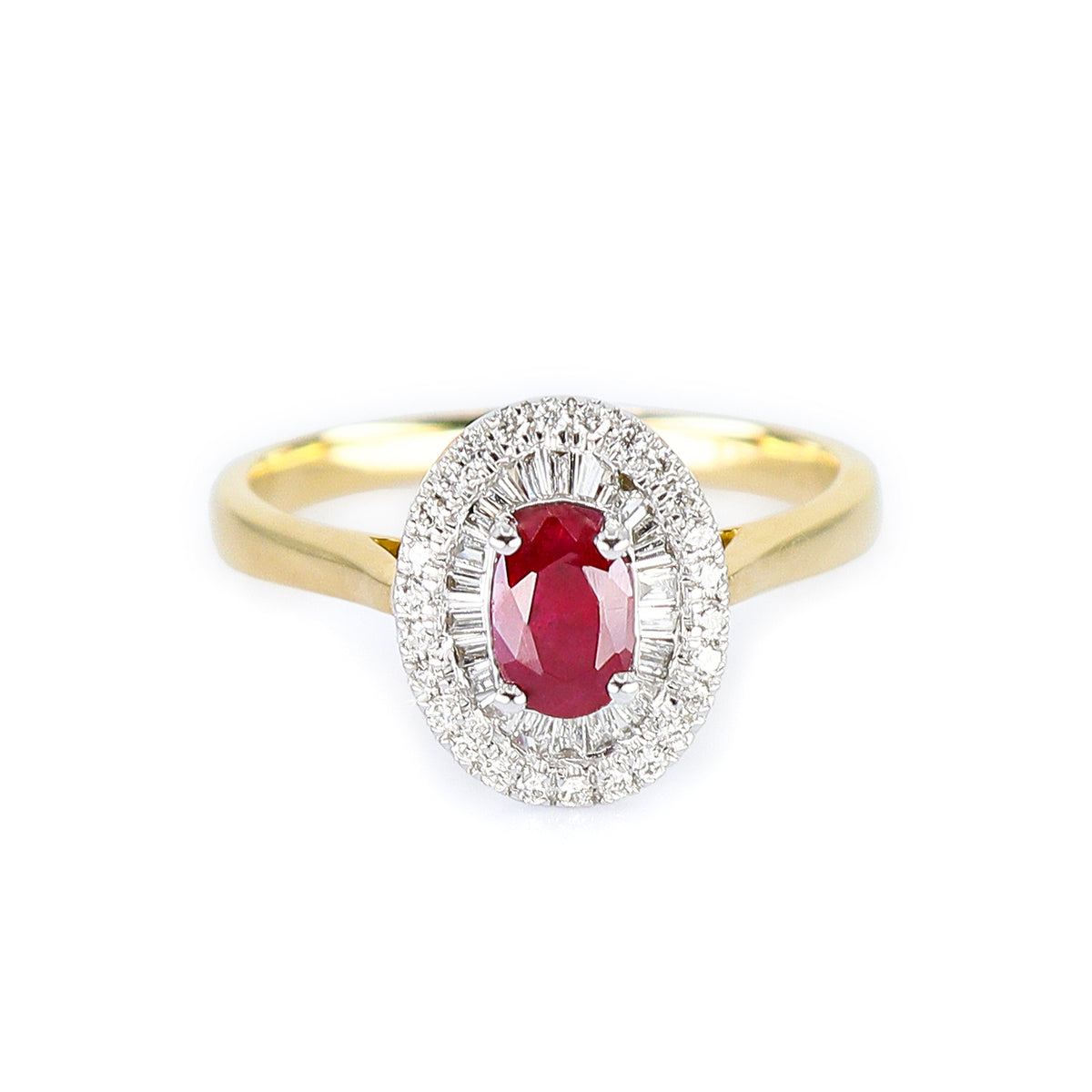 18ct Gold Oval Ruby & Diamond Tapered Baguette & Round Brilliant Double Halo Cluster Ring