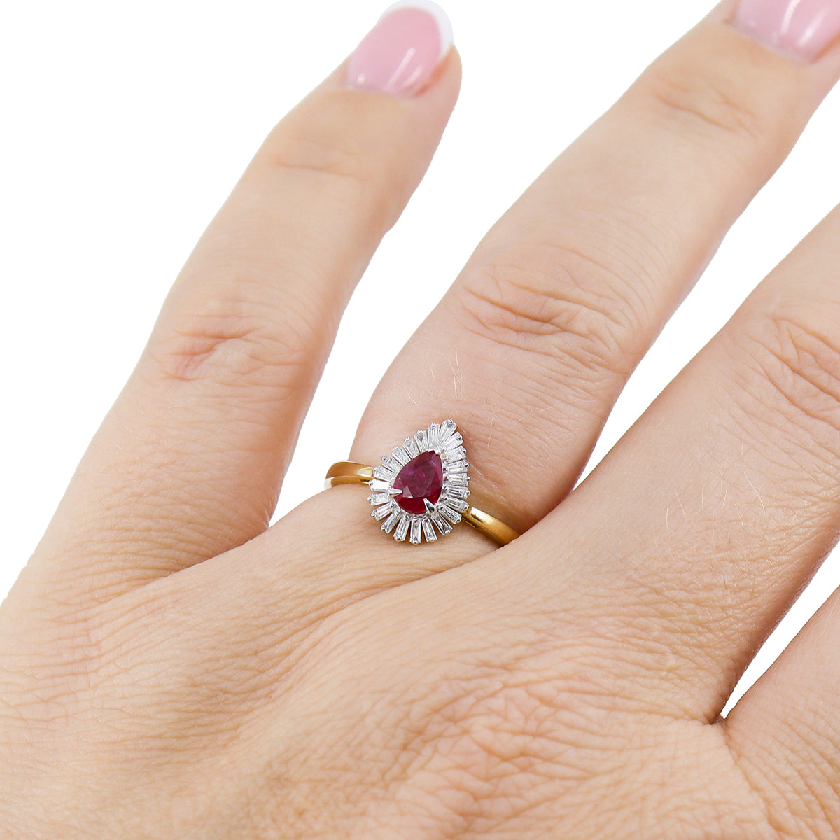 18ct Yellow Gold Pear Shaped Ruby & Tapered Diamond Baguette Fancy Cluster Ring